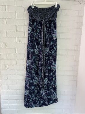 Xhilaration Navy Floral Strapless Maxi with Teal and Purple Accents